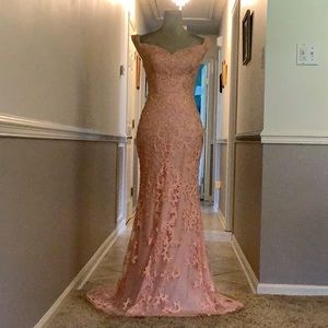 Andrea & Leo Couture Beaded Peach Formal Wedding Dress with Train